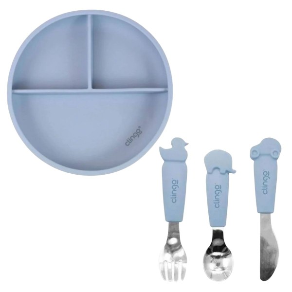 Encontraproduto.com.br - Kit Alimentação Silicone Flex Azul com 4 Ítens Clingo Mod 3