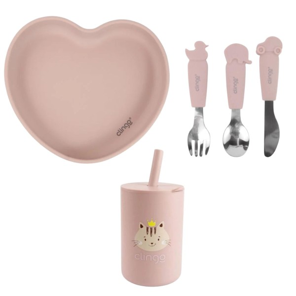 Encontraproduto.com.br - Kit Alimentação Silicone Flex Rosa Com 5 ítens Clingo Mod 4