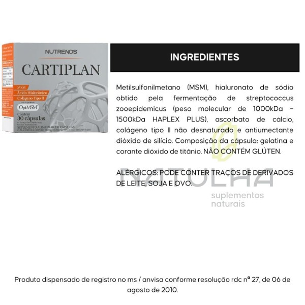 Encontraproduto.com.br - KIT 2X Cartiplan (Ácido Hialurônico, MSM e Colágeno tipo 2) 30 cápsulas - Nutrends
