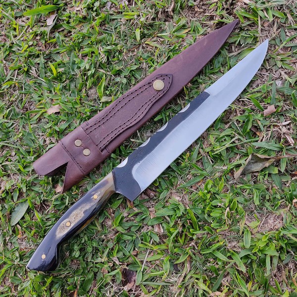 Encontraproduto.com.br - Faca Artesanal Churrasco Aço Cirúrgico Inox 420c Fulltang 10 Thomazi Brut Forge Cabo De Chifre