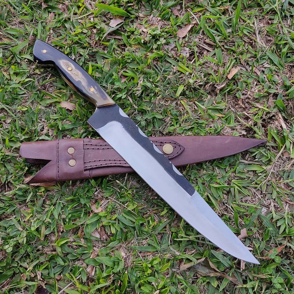 Encontraproduto.com.br - Faca Artesanal Churrasco Aço Cirúrgico Inox 420c Fulltang 10 Thomazi Brut Forge Cabo De Chifre