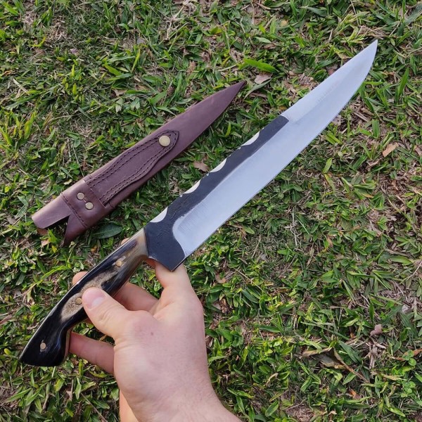 Encontraproduto.com.br - Faca Artesanal Churrasco Aço Cirúrgico Inox 420c Fulltang 10 Thomazi Brut Forge Cabo De Chifre