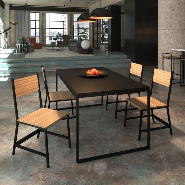 Mesa De Jantar Industrial Metal e Madeira| Tam: 120x90cm | Cor: Preto Com Cadeira Lâmina| Mod: Tolix + Hera
