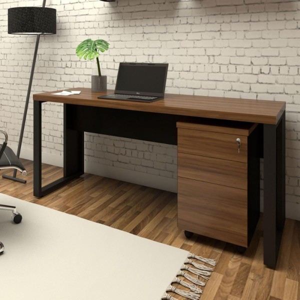 Encontraproduto.com.br - Mesa Escrivaninha Industrial 150cm Gaveteiro Clean Pés Metal nogal Com Preto Nogal Com Preto
