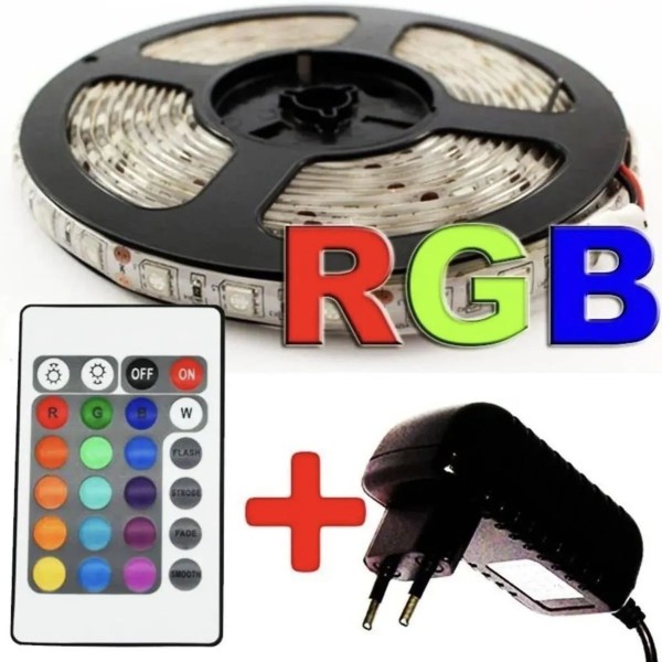 Encontraproduto.com.br - Fita De Led Rgb 5 Metros A Prova Dágua Dupla Face 5050w 12v 300 Leds Com Fonte E Controle