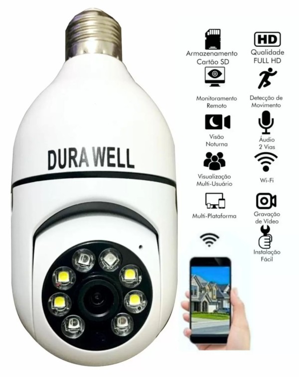 Encontraproduto.com.br - Câmera lampada inteligente Wireless infra IP Full HD 2.0 megapixels Onvif, Holofote, Auto Tracking