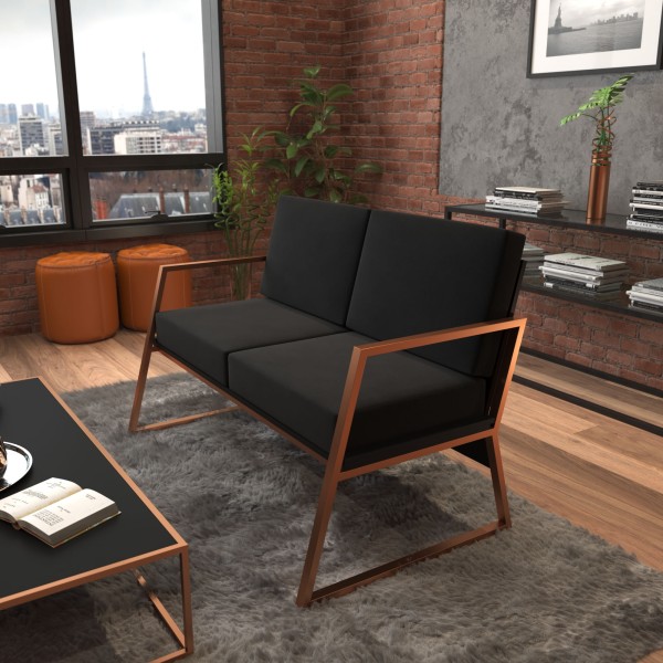 Sofá Industrial Namoradeira Vintage Metal Design Moderno Retrô Preto com Cobre | MOD: Delfos