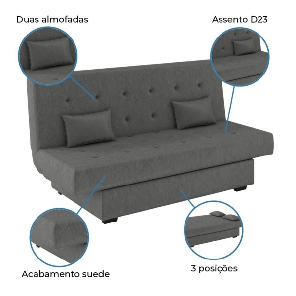 Encontraproduto.com.br - Sofá Cama 3 Lugares Matrix Laila Suede Cinza Cinza
