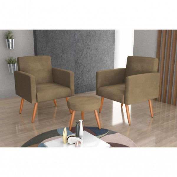 Encontraproduto.com.br - Conjunto Dallas 2 Poltronas + 1 Puff Veludo Light Bege Matrix