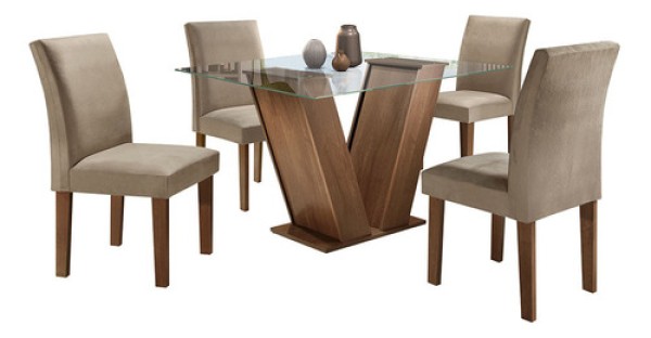 Encontraproduto.com.br - Conjunto Sala de Jantar Mesa Tampo de Vidro e 4 Cadeiras Classic Cel Móveis Chocolate/Animale Marrom 52