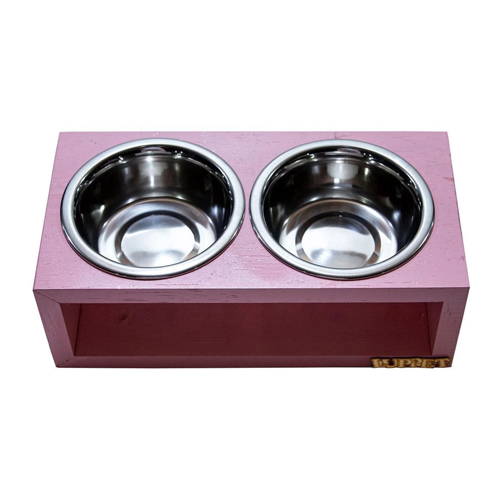 Encontraproduto.com.br - Comedouro Duplo Para Cães e Gatos Madeira Com Potes Inox Luppet Rosa