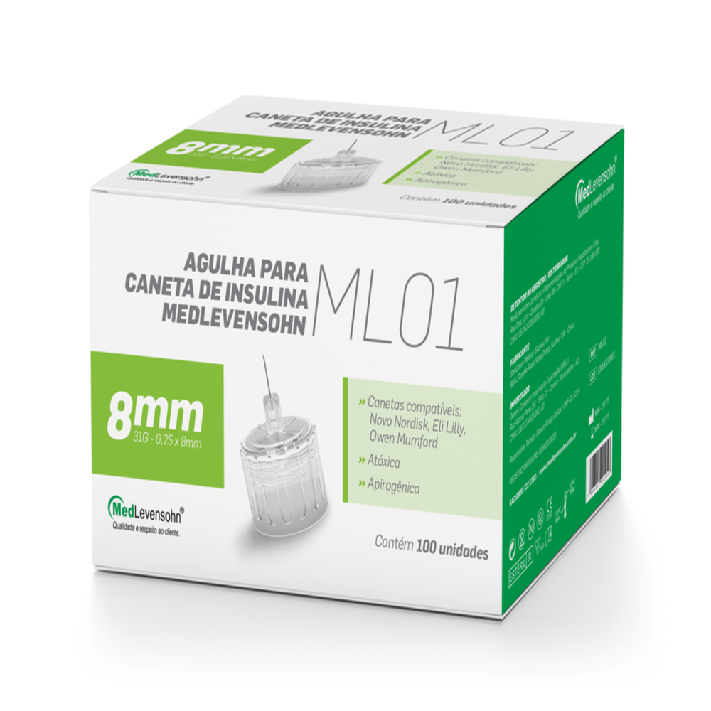 Agulha Descartável para Caneta de Insulina Medlevenshon 01 8mm com 100 Unidades