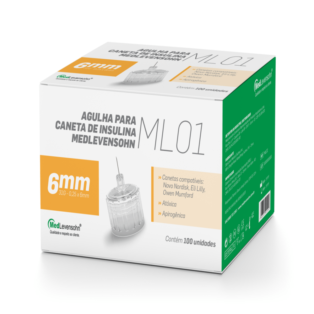 Agulha Descartável para Caneta de Insulina Medlevenshon 01 6mm com 100 Unidades