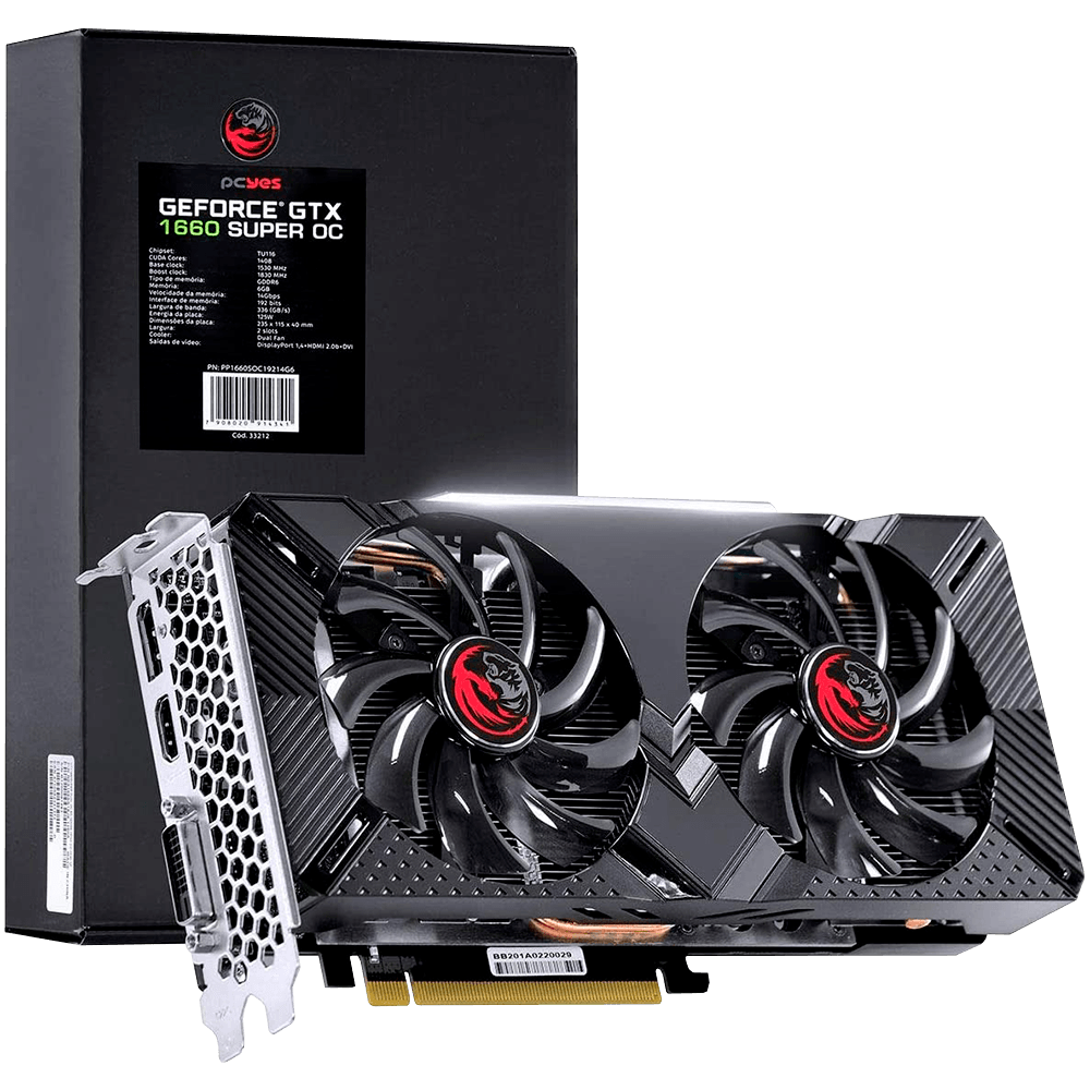 Placa de Video PCYES NVIDIA Geforce GTX 1660 SUPER PP1660SOC19214G6 6GB  GDDR6 192 BITS HDMI DISPLAY PORT DVI