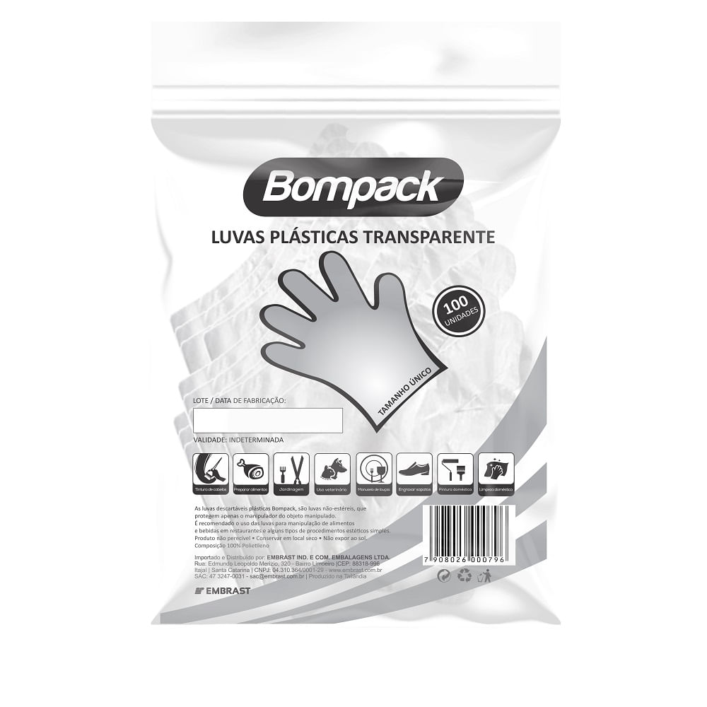 Encontraproduto.com.br - Luvas Plásticas Transparentes Bompack 100 Unidades