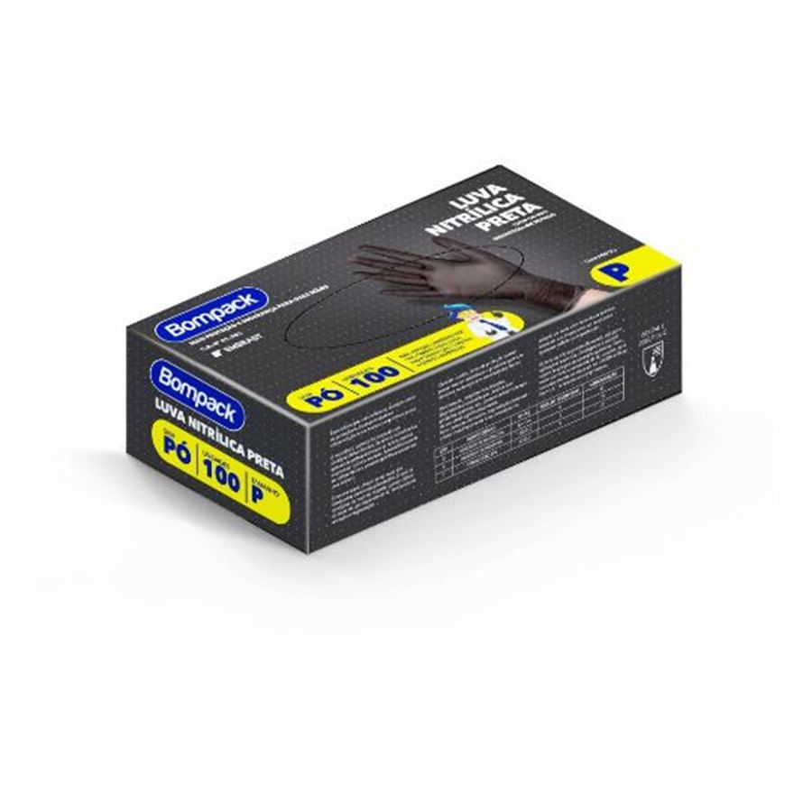 Encontraproduto.com.br - Luva Nitrilica para Procedimentos Bompack Preta Descartável Sem Pó Tamanho P 100 Unidades