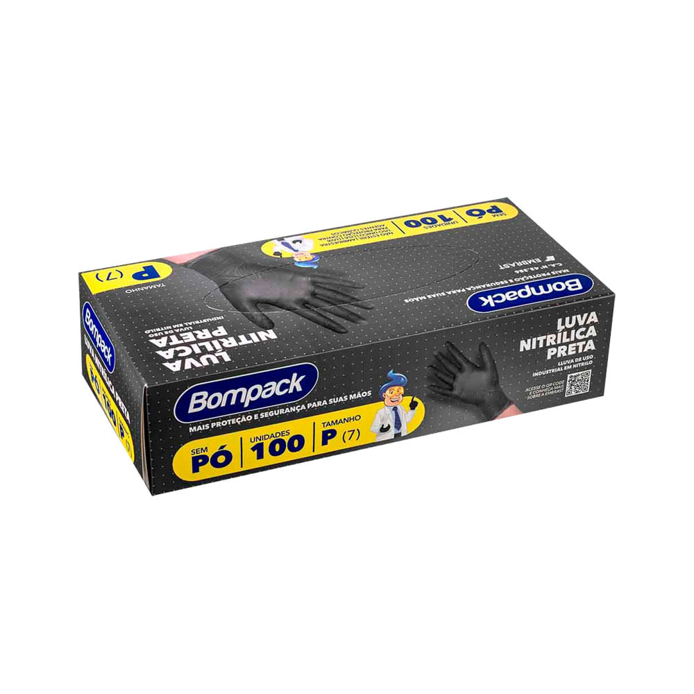 Encontraproduto.com.br - Luva Nitrilica para Procedimentos Bompack Preta Descartável Sem Pó Tamanho P 100 Unidades