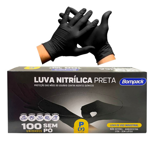 Encontraproduto.com.br - Luva Nitrilica para Procedimentos Bompack Preta Descartável Sem Pó Tamanho P 100 Unidades