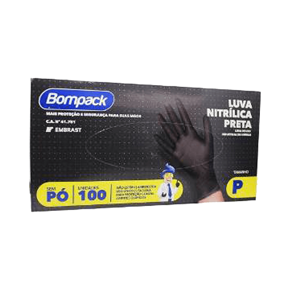 Encontraproduto.com.br - Luva Nitrilica para Procedimentos Bompack Preta Descartável Sem Pó Tamanho P 100 Unidades