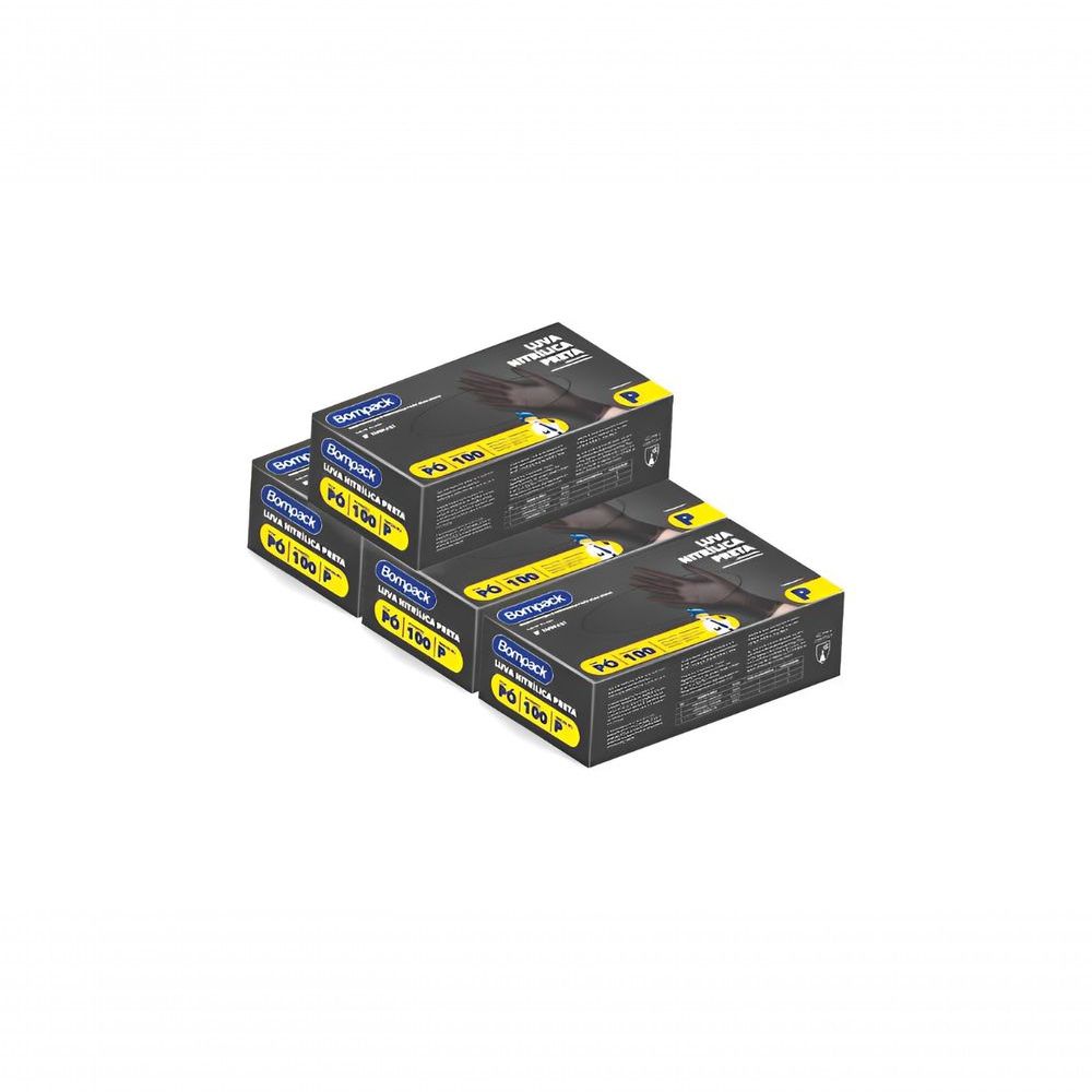 Encontraproduto.com.br - Luva Nitrilica para Procedimentos Bompack Preta Descartável Sem Pó Tamanho P 100 Unidades
