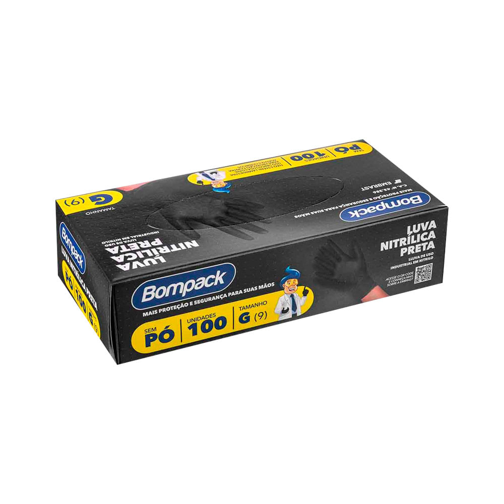 Encontraproduto.com.br - Luva Bompack Nitrilica com 100 Unidades Preta G
