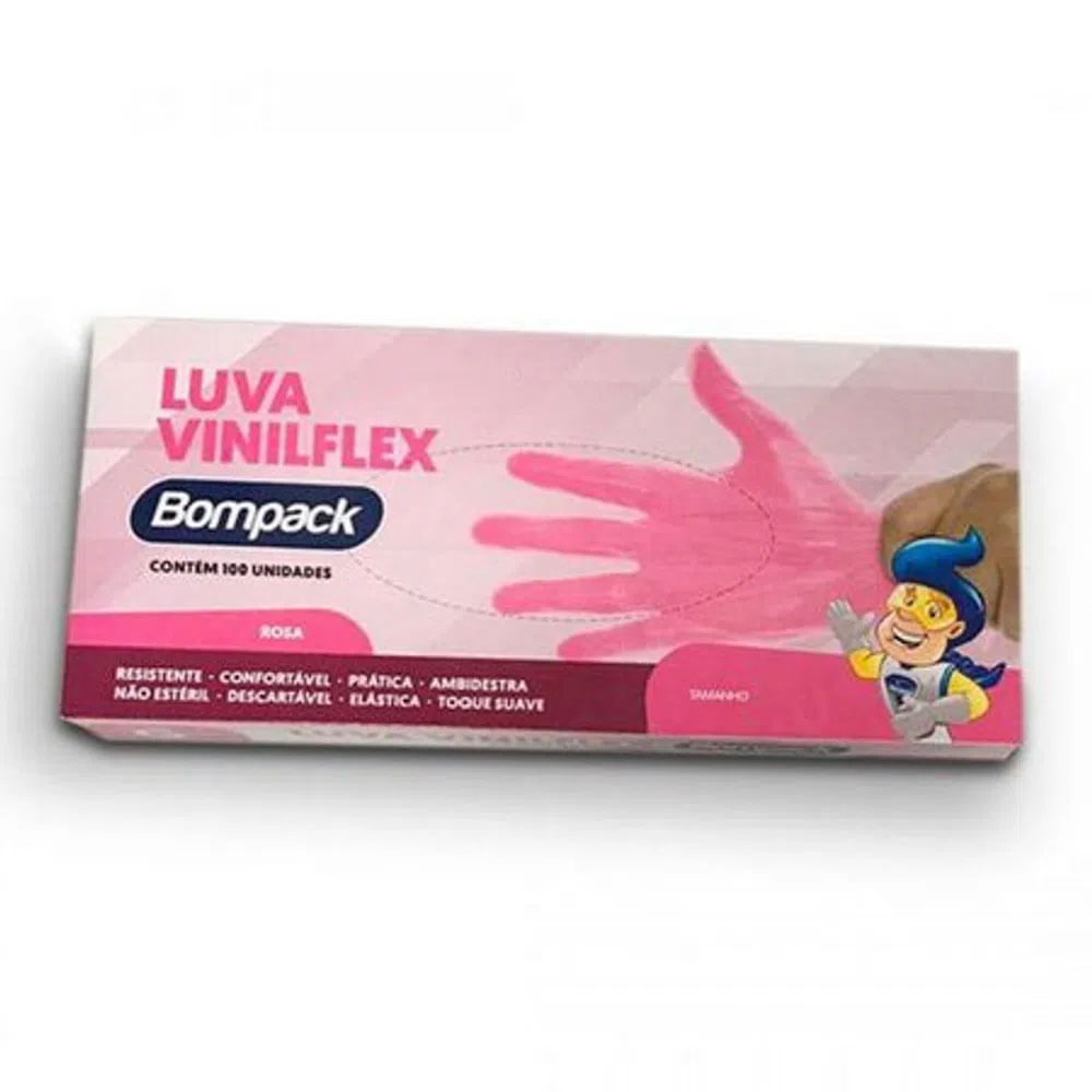 Luva Vinilflex P Sem Pó Rosa Com 100 UN - BOMPACK
