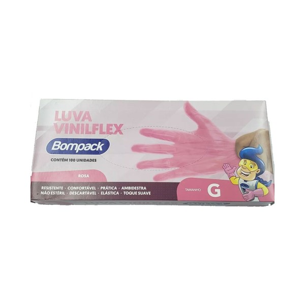 Luvas Descartáveis Vinilflex Bompack Rosa G 100 Unidades