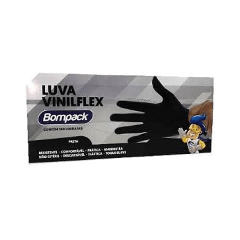 Encontraproduto.com.br - Luvas Descartáveis Vinilflex Bompack Preta M 100 Unidades