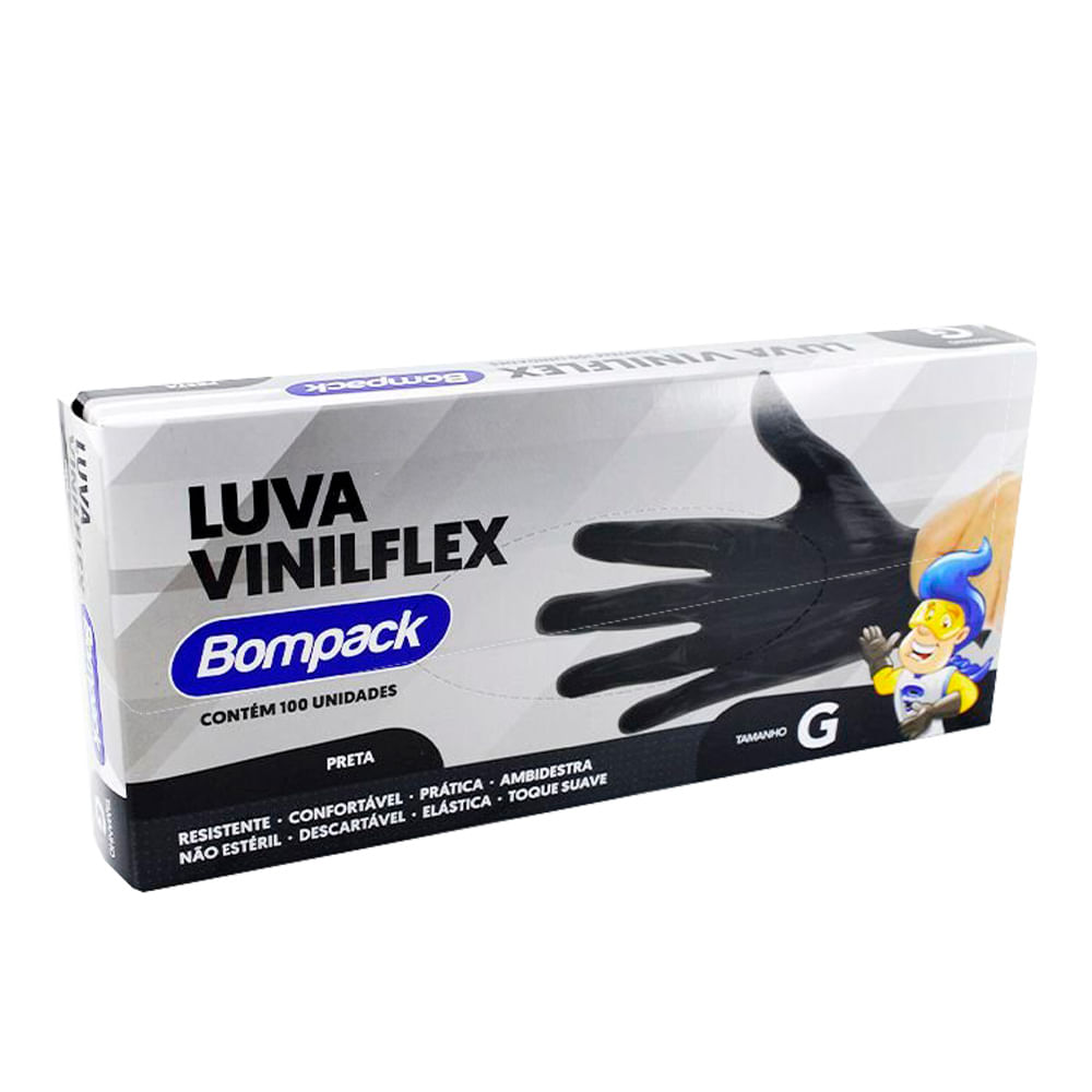 Encontraproduto.com.br - Luva Vinilflex G Sem Pó Preta Com 100 UN - BOMPACK