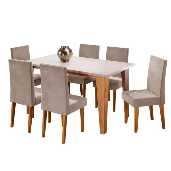 Encontraproduto.com.br - Mesa de Jantar Retangular Viero Milão com 6 Cadeiras Vênus Estofadas e Revestidas Mel, Blonde e Pérola