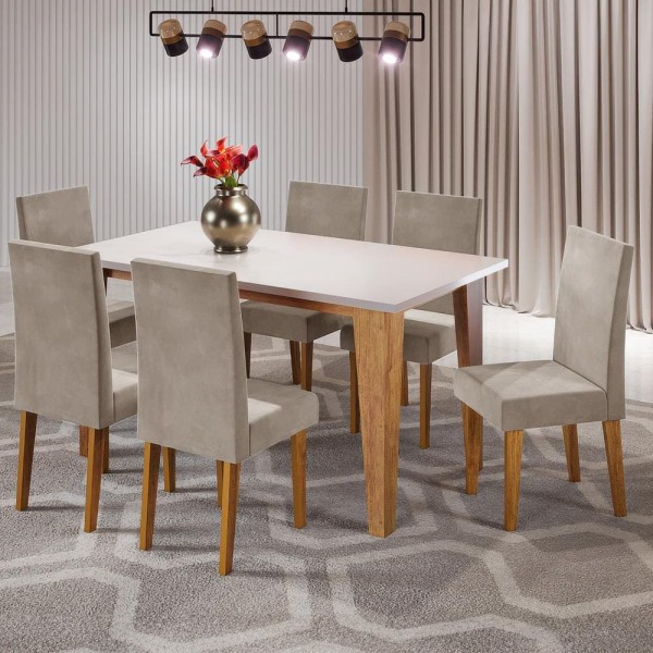 Encontraproduto.com.br - Mesa de Jantar Retangular Viero Milão com 6 Cadeiras Vênus Estofadas e Revestidas Mel, Blonde e Pérola