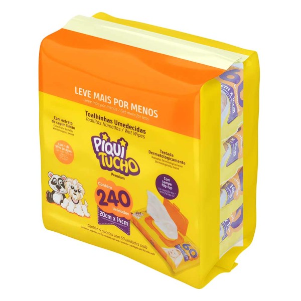 Encontraproduto.com.br - Toalha Umedecida Piquitucho Promocional Pack com 4x60 unidades