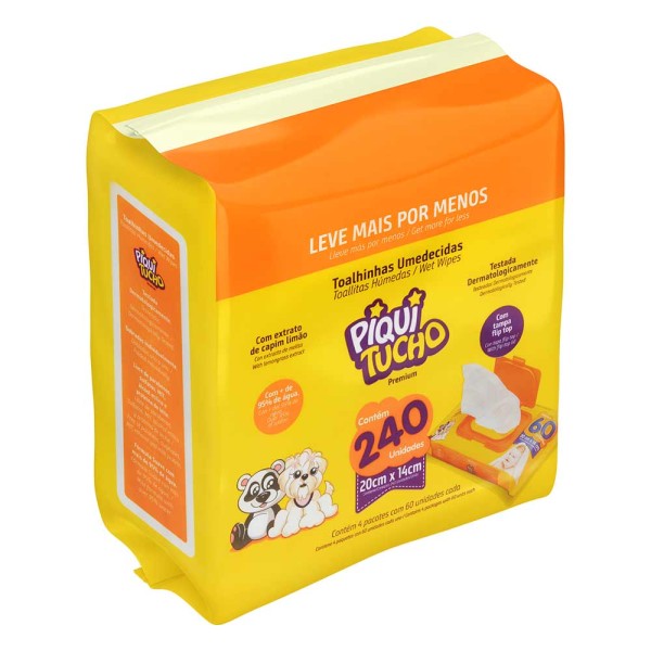 Encontraproduto.com.br - Toalha Umedecida Piquitucho Promocional Pack com 4x60 unidades