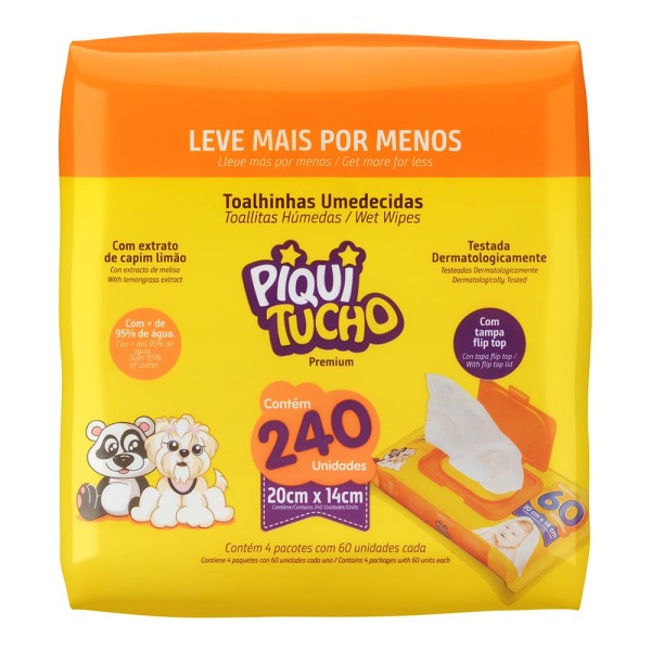 Encontraproduto.com.br - Toalha Umedecida Piquitucho Promocional Pack com 4x60 unidades