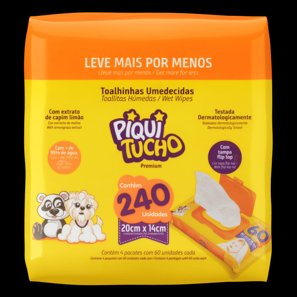 Encontraproduto.com.br - Toalha Umedecida Piquitucho Promocional Pack com 4x60 unidades