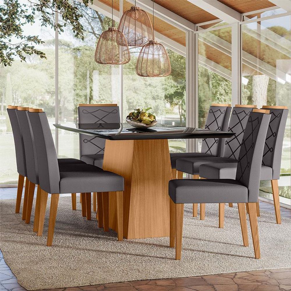 Encontraproduto.com.br - Mesa De Jantar 180cm Bárbara Com Vidro Ype Preto E 8 Cadeiras Caroline Ype Veludo Cinza - New Ceval