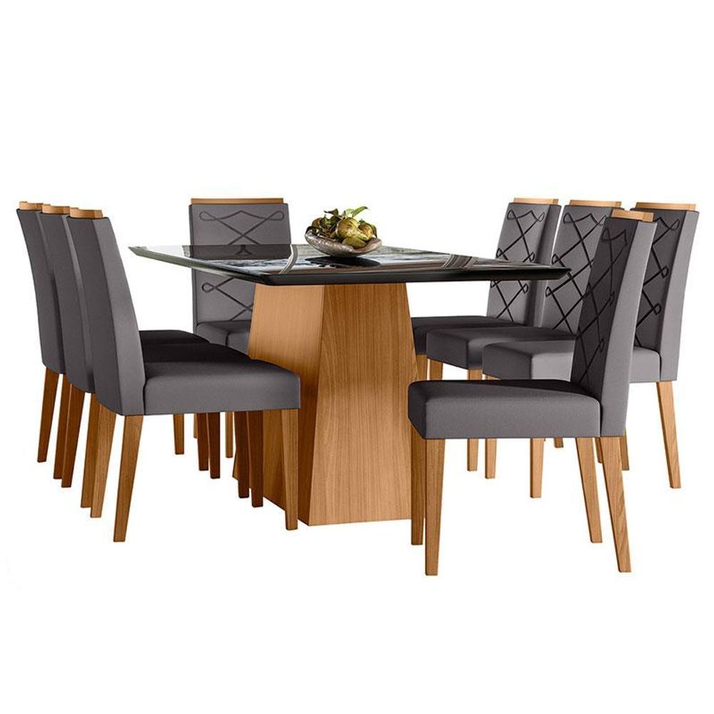 Encontraproduto.com.br - Mesa De Jantar 180cm Bárbara Com Vidro Ype Preto E 8 Cadeiras Caroline Ype Veludo Cinza - New Ceval