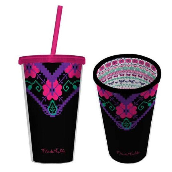 Encontraproduto.com.br - Copo com Canudo - Frida Kahlo Embroidery