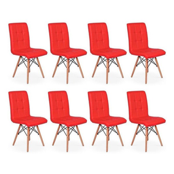 Encontraproduto.com.br - Conjunto 8 Cadeiras Eiffel Gomos Estofada Base Madeira Vermelha