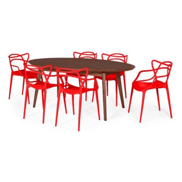 Encontraproduto.com.br - Conjunto Mesa De Jantar Oval Vértice Nozes 190Cm Com 6 Cadeiras Allegra - Vermelho