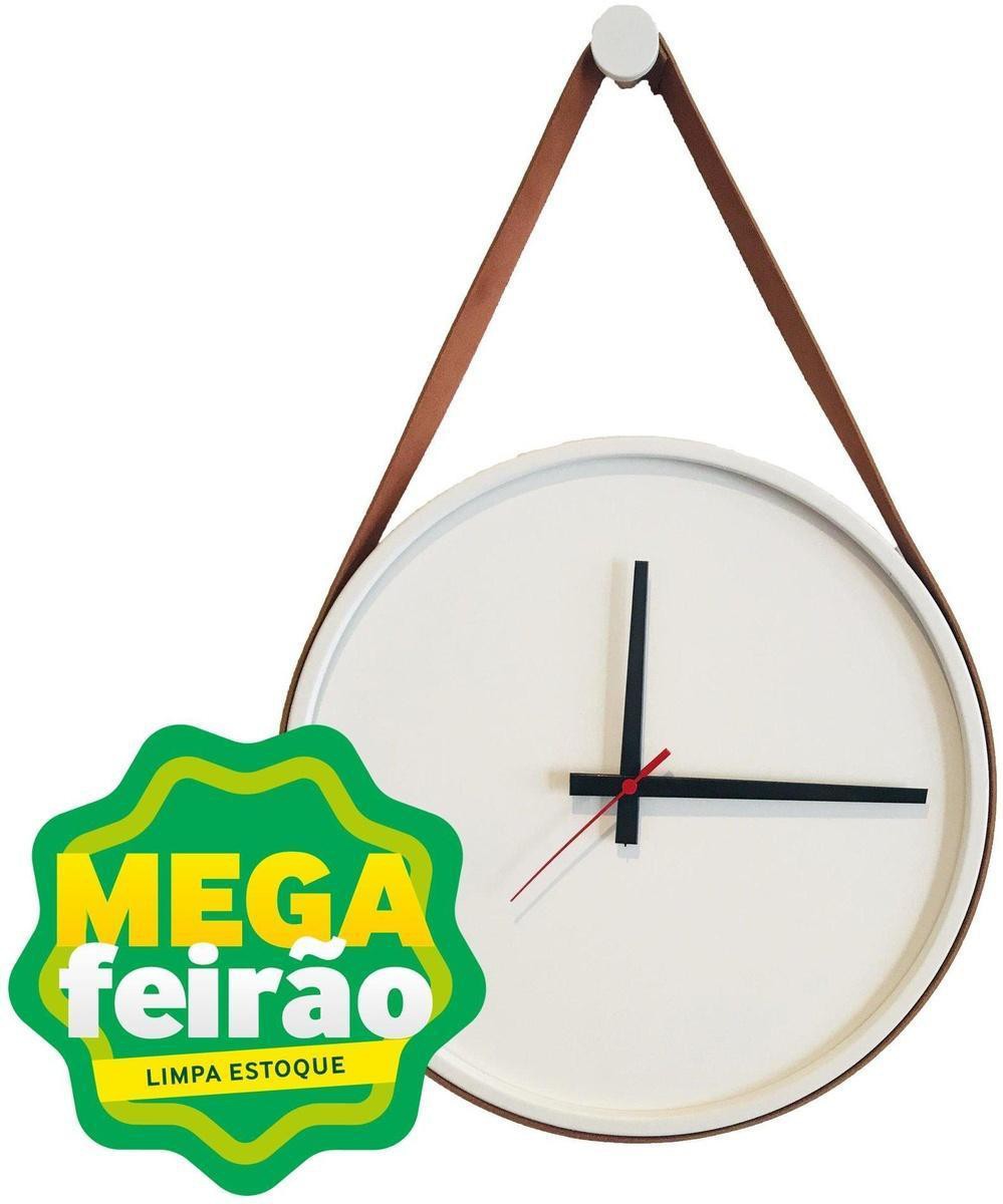 Relógio de Parede Redondo E2G Design Branco Alça Caramelo Mostrador Branco Ponteiro Preto 30cm