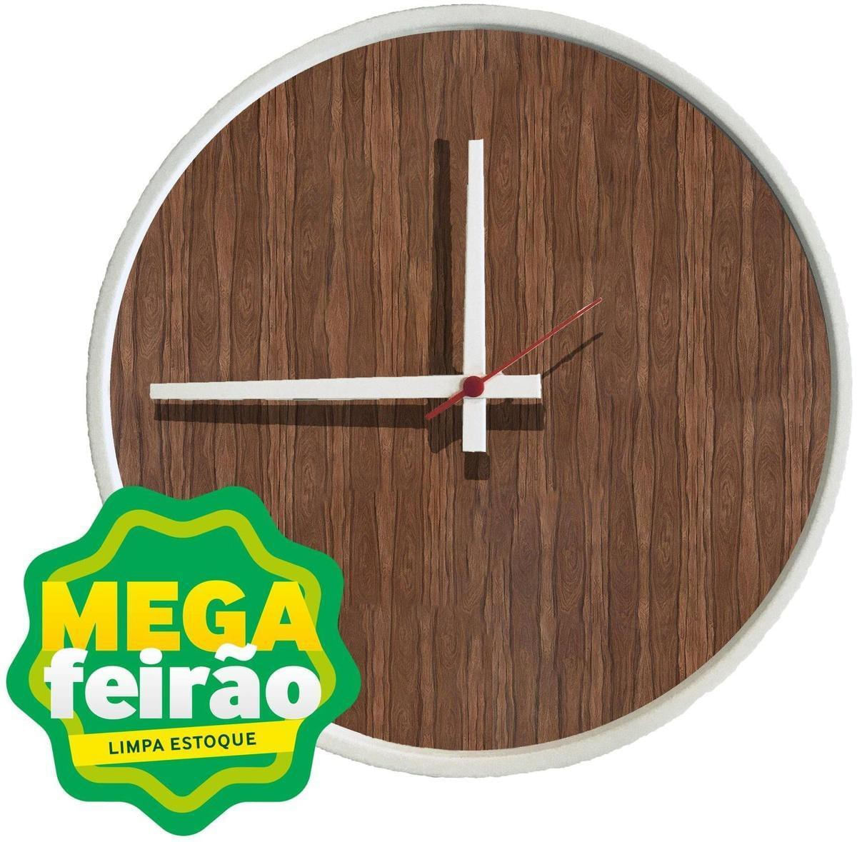 Relógio de Parede Redondo E2G Design Round Branco Mostrador Pau Ferro Ponteiro Branco 40cm