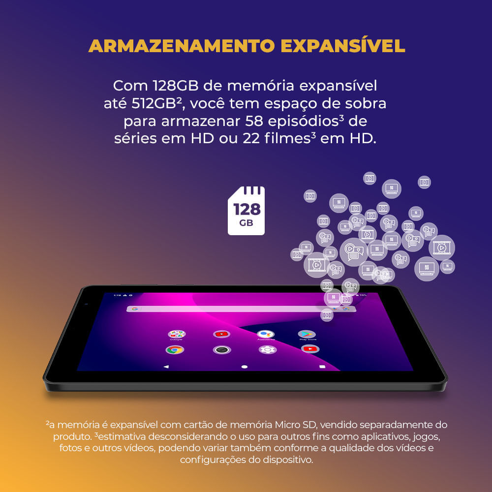 Encontraproduto.com.br - Tablet Positivo Vision TAB 7 3GB RAM 128GB Octa-Core Android 14 Go Wi-Fi - Tela 7” IPS – 3100mAh – Preto