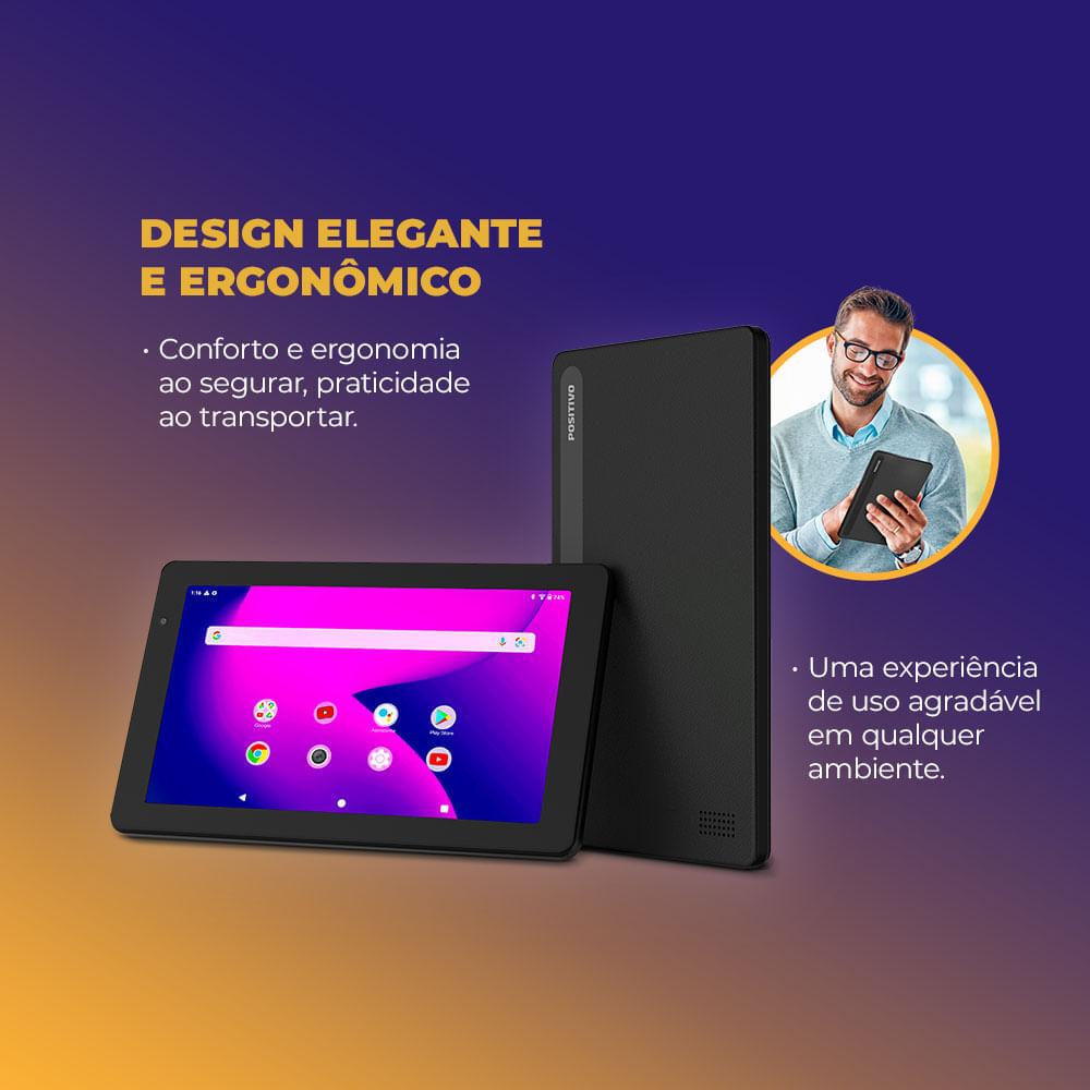Encontraproduto.com.br - Tablet Positivo Vision TAB 7 3GB RAM 128GB Octa-Core Android 14 Go Wi-Fi - Tela 7” IPS – 3100mAh – Preto