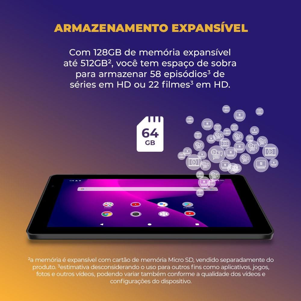 Encontraproduto.com.br - Tablet Positivo Vision TAB 7 3GB RAM 64GB Octa-Core Android 14 Go Wi-Fi - Tela 7” IPS – 3100mAh – Preto