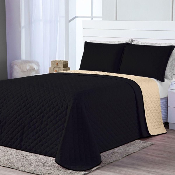 Encontraproduto.com.br - Kit Cobre Leito Dual Preto Caqui Casal 03 Peças Dupla Face