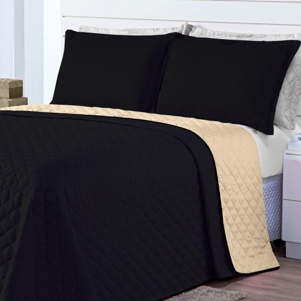 Encontraproduto.com.br - Kit Cobre Leito Dual Preto Caqui Casal 03 Peças Dupla Face