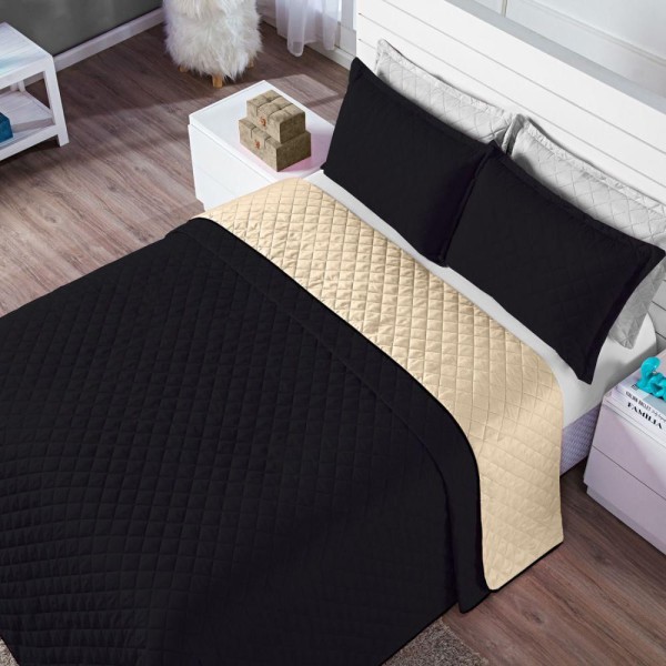 Encontraproduto.com.br - Kit Cobre Leito Dual Preto Caqui Casal 03 Peças Dupla Face