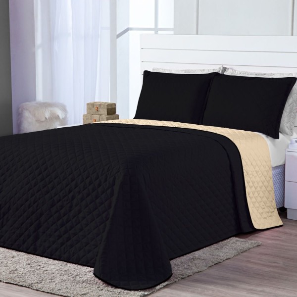Encontraproduto.com.br - Kit Cobre Leito Dual Preto Caqui Casal 03 Peças Dupla Face