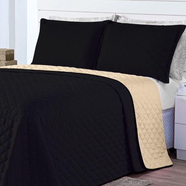 Encontraproduto.com.br - Kit Cobre Leito Dual Preto Caqui Casal 03 Peças Dupla Face